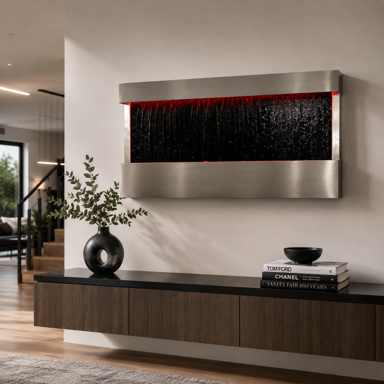47" Indoor Wall-Mounted Waterfall Mirror Fountain with LED Lights &amp; Smart Plug – Remote Control Water Feature, Modern Silver Décor with Rock Base by XBrand