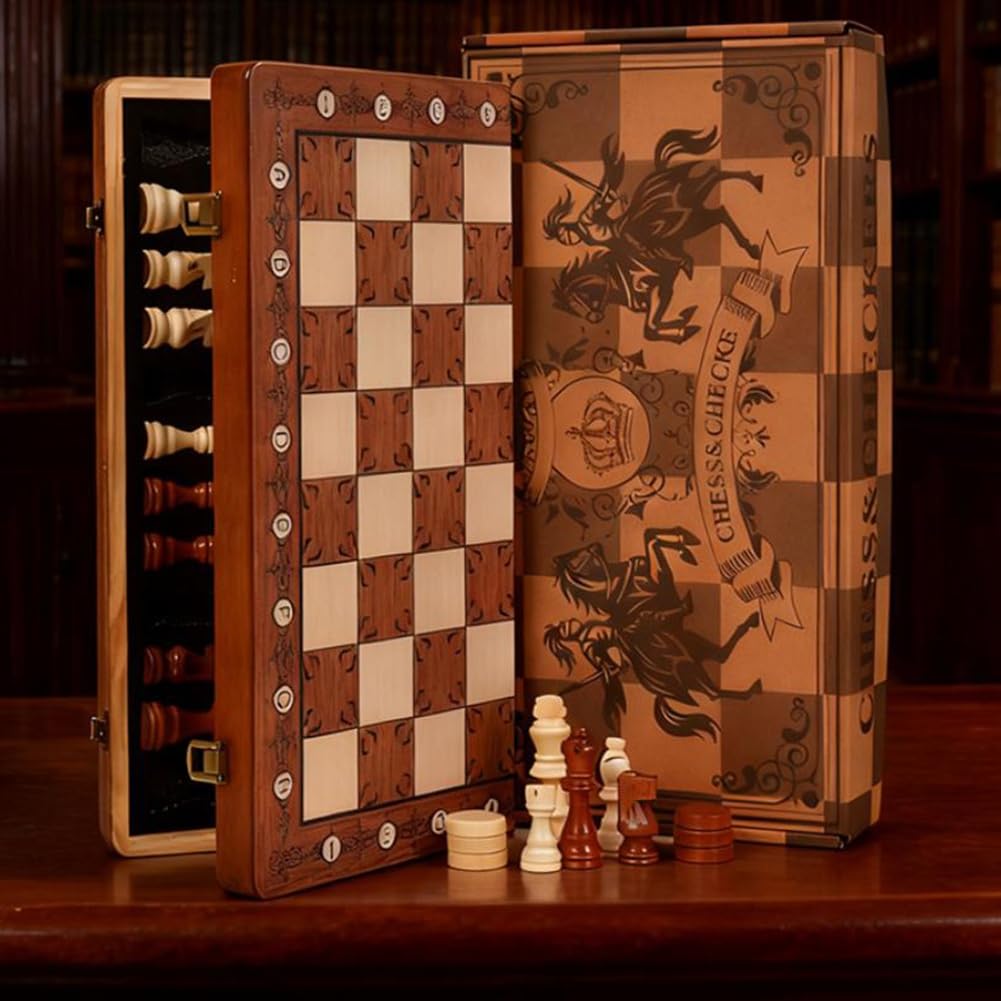 2-in-1 Foldable Magnetic Wooden Chess & Checkers Set, Portable Storage Board Tabletop Puzzle Game Toy