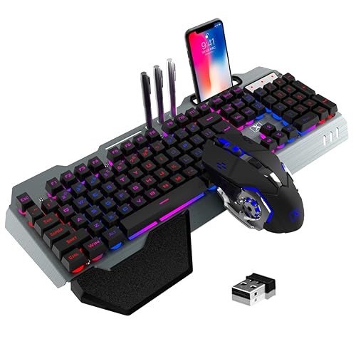 Wireless Gaming Keyboard and Mouse Combo,Rainbow LED Backlit Keyboard with Rechargeable 3800mAh Battery Metal Panel,Removable Wrist Rest Mechanical Feel and 7 Color Mute Gaming Mice for PC PS4 PS5 - Black LED Mix