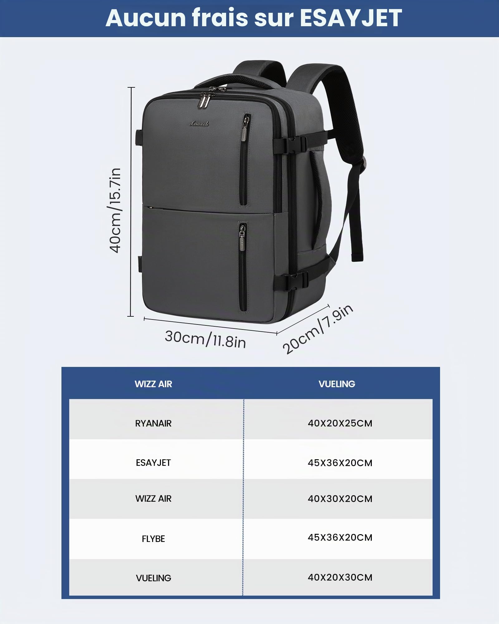 LOVEVOOK Sac a Dos Voyage Avion 40x30x20, Bagages Cabine, Bagage à Main Valise 24L, Port USB, Femme Homme, Ordinateur Portable 14 Pouces, Travail, Affaires, Gris