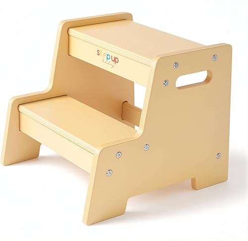 Miniatura 6 de Stepup Baby Taburete de madera barnizado para niños  Taburete infantil de 2 pasos con asas, madera contrachapada de abedul, base antipunta y