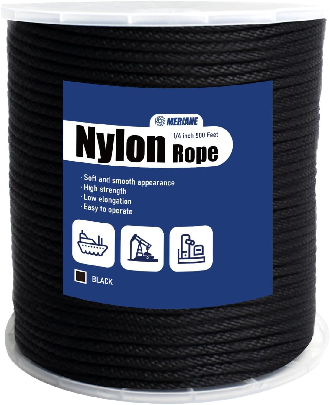 Black Nylon Rope 1/4inch 500FT – Multipurpose Tightly Braided Rope – Abrasion & UV Resistant – Ideal Use for Camping, Clothesline, Marine, Flag Line - Solid Utility Rope for Indoor Outdoor