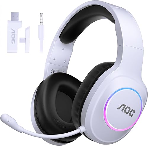 AOC Auriculares inalámbricos para juegos compatibles con PS5/4, PC, USB-C y Bluetooth 5.4 y 2.4GHz, auriculares para juegos con micrófono de Blanco