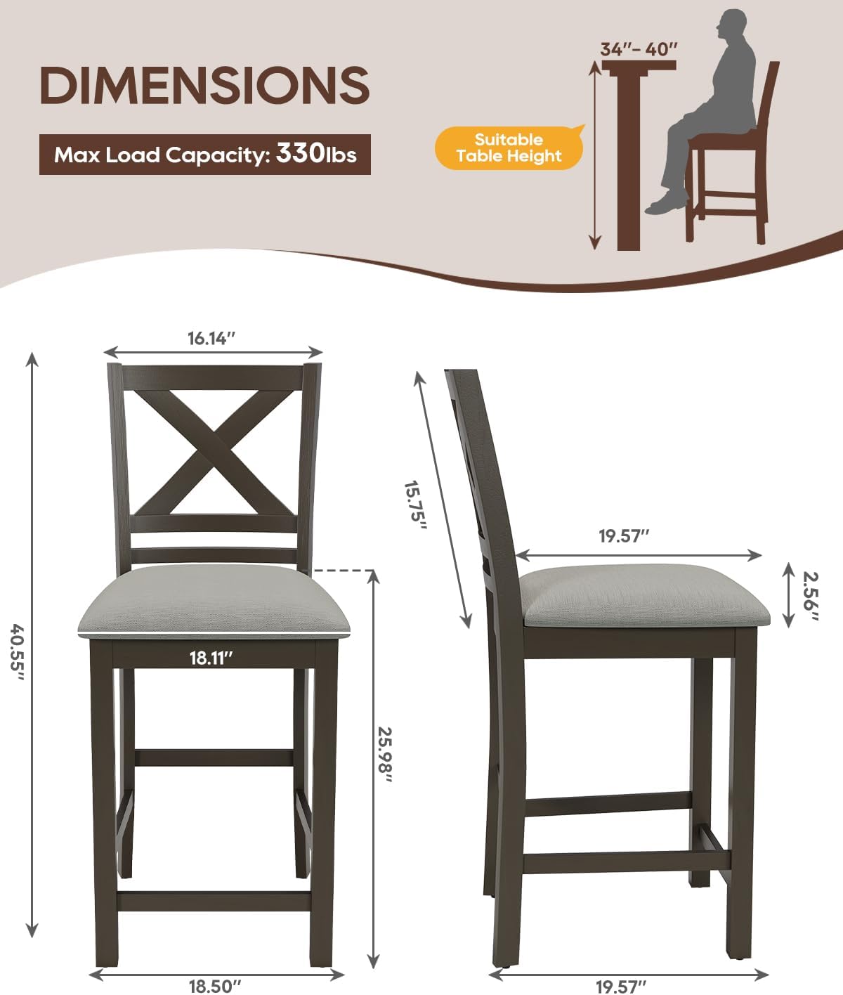 Bar Stools Set of 2, Mid Century Modern Counter stools with Upholstered Fabric, 26'' H Wooden bar stools for Counter Height, Kitchen Island, Dining Room and Bistro, Dark Grey