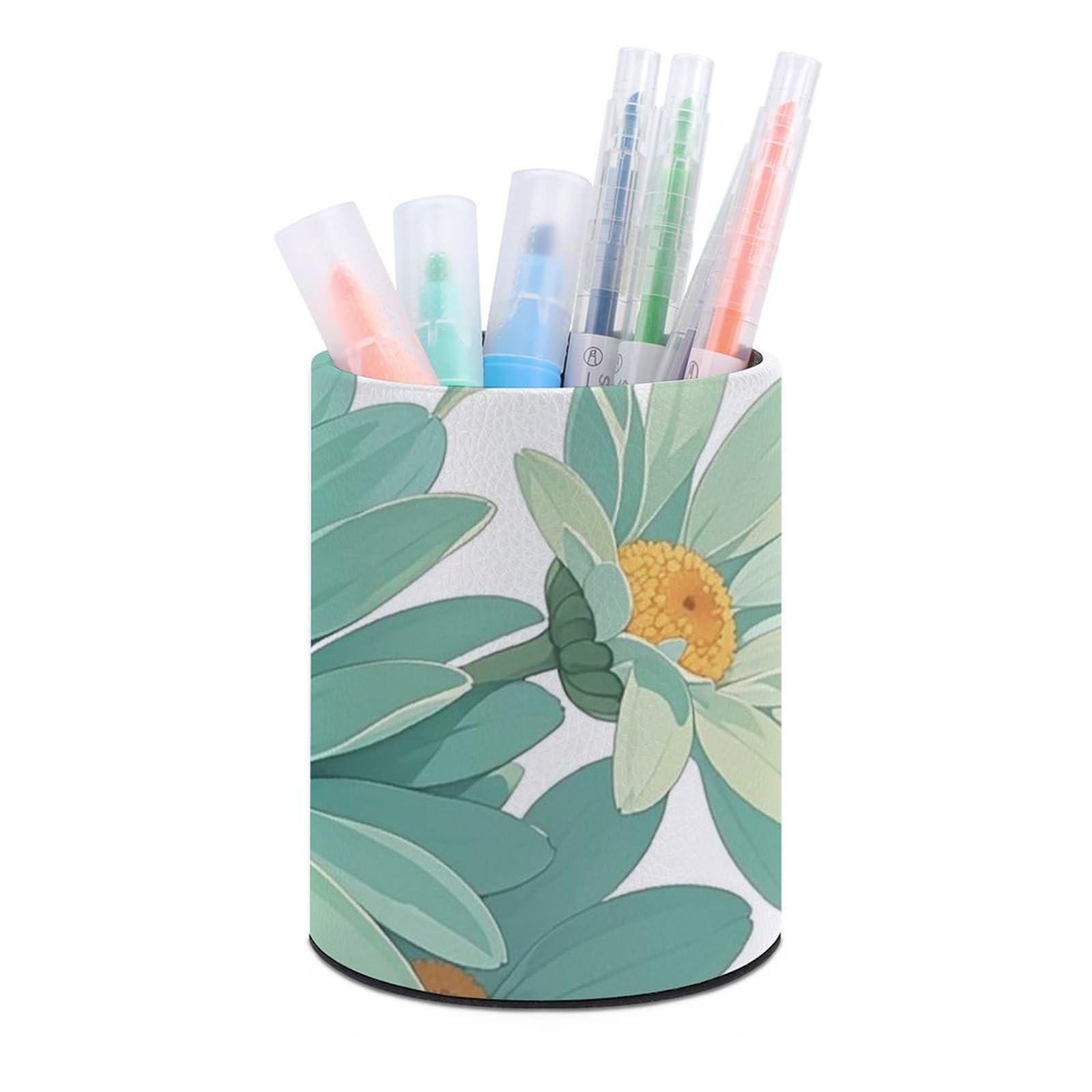 FekiLoot PU Leather Round Pen Holder Mint Green Watercolor Daisy Pencil Holder Desk Organizer Pen Organizer Pen Cup Pencil Cup Caddy Desktop Stationery Organizers for Office Home Supplies