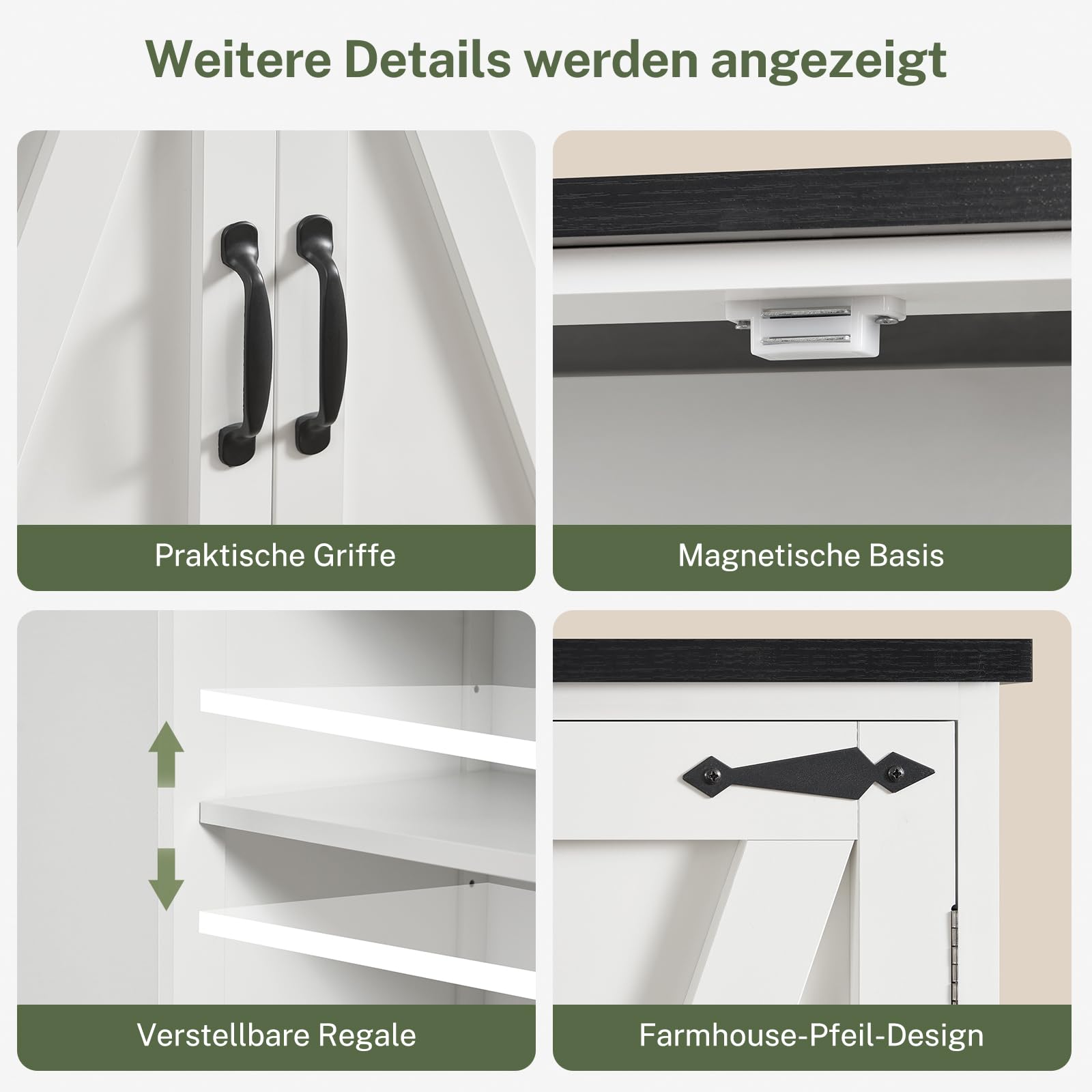 TEENFON 170 cm Küchenschrank 4 Scheunentüren, Mehrzweckschrank Hoch mit 2 Feste Regale & 2 Verstellbare Regale, Vorratsschrank für Küche, Esszimmer, Wohnzimmer, Badezimmer - 60x30x170 cm - Weiß