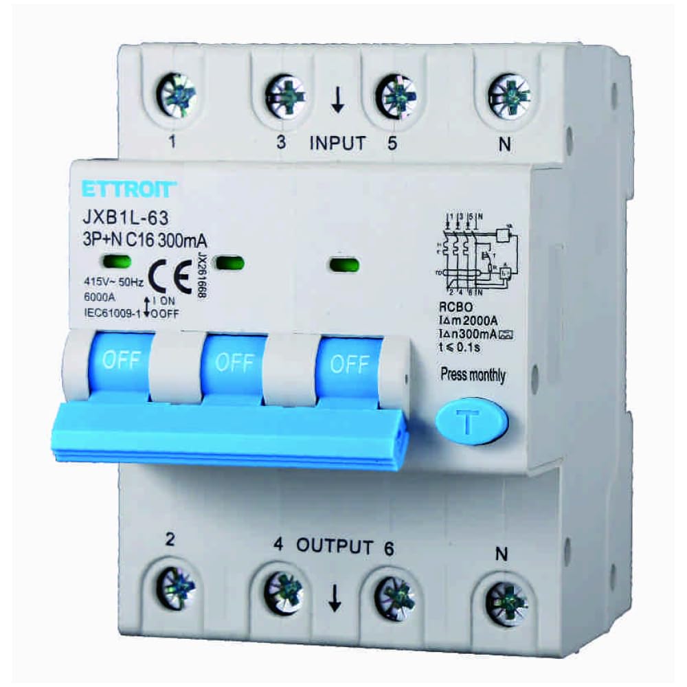 Interruttore magnetotermico differenziale 3P+N, 4 moduli, 415Vac, 16A, 300mA, 6KA - Ettroit JX261668