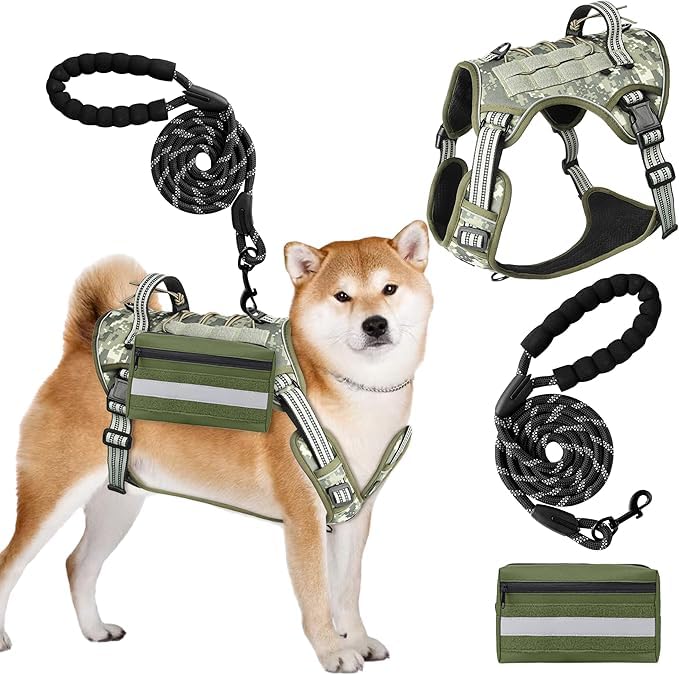 A1DIEE Large Dog Harness - Adjustable Dog Vest with Handle and Leash Set with Side Bag, No Pull Escape Proof Military Service Pet Harness for Working Training Outdoor Hiking (Camouflage, L)