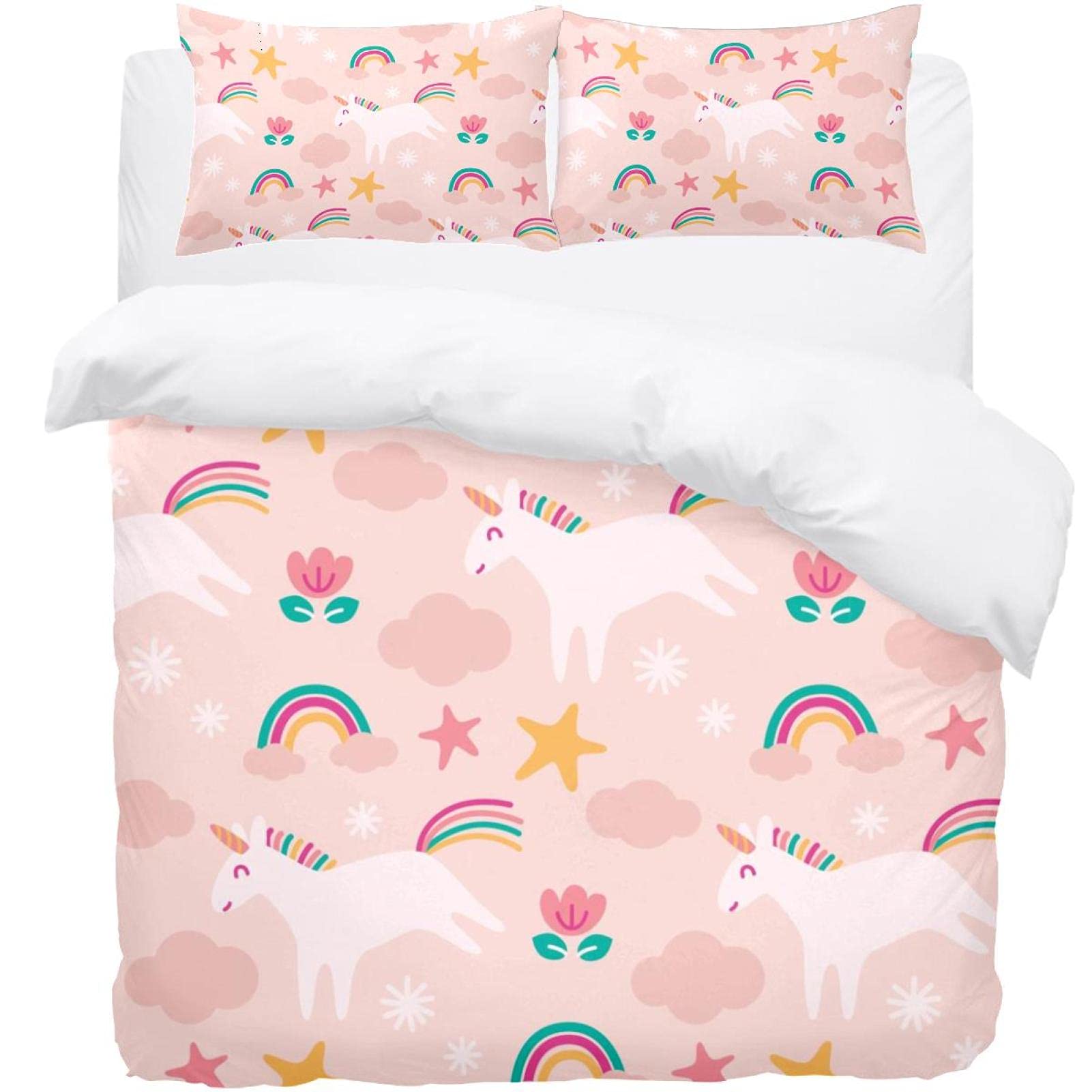 Housse de couette 2 taies motif nuage floral et licorne féerique