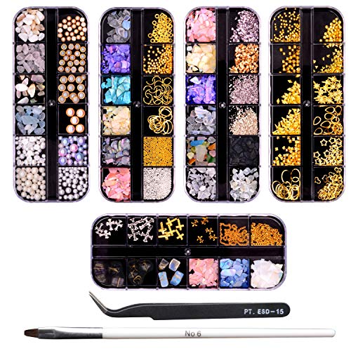 VoiceFly 60 Grids 3D Nail Art Supply Decorations Studs, Nail Micro Caviar Beads Gold Charms, Irregular Seashell Slices Metal Nail Chain Jewels Heart Rivet Pearl Gems for Fingernails & Toenails Decor