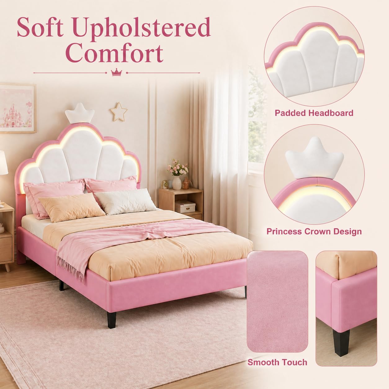 Kinderbett Polsterbett 90x200 cm, LED Einzelbett für Mädchen mit Kronen-Design und verstellbarem Kopfteil, gemütliches Samtbett für fantasievolle Kinderzimmer (90x200cm)
