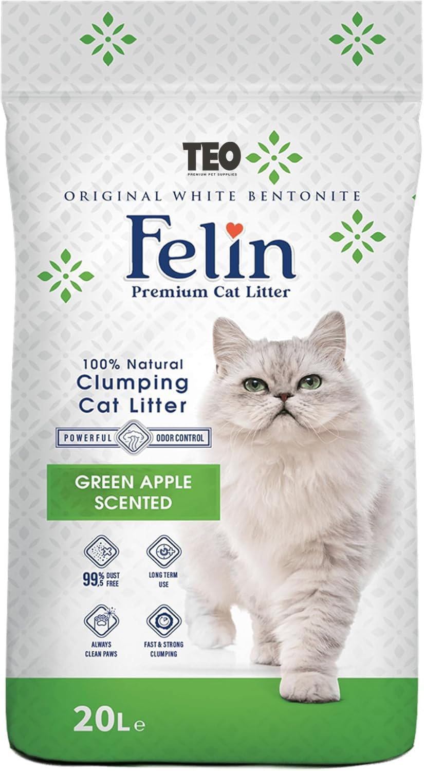 Felin Cat Litter Clumping 100% Natural Bentonite, Clumping 99.5% Dust Free, Forever Fresh, Pet-Friendly, Fighting with Odors Green Apple Scented (20 L)