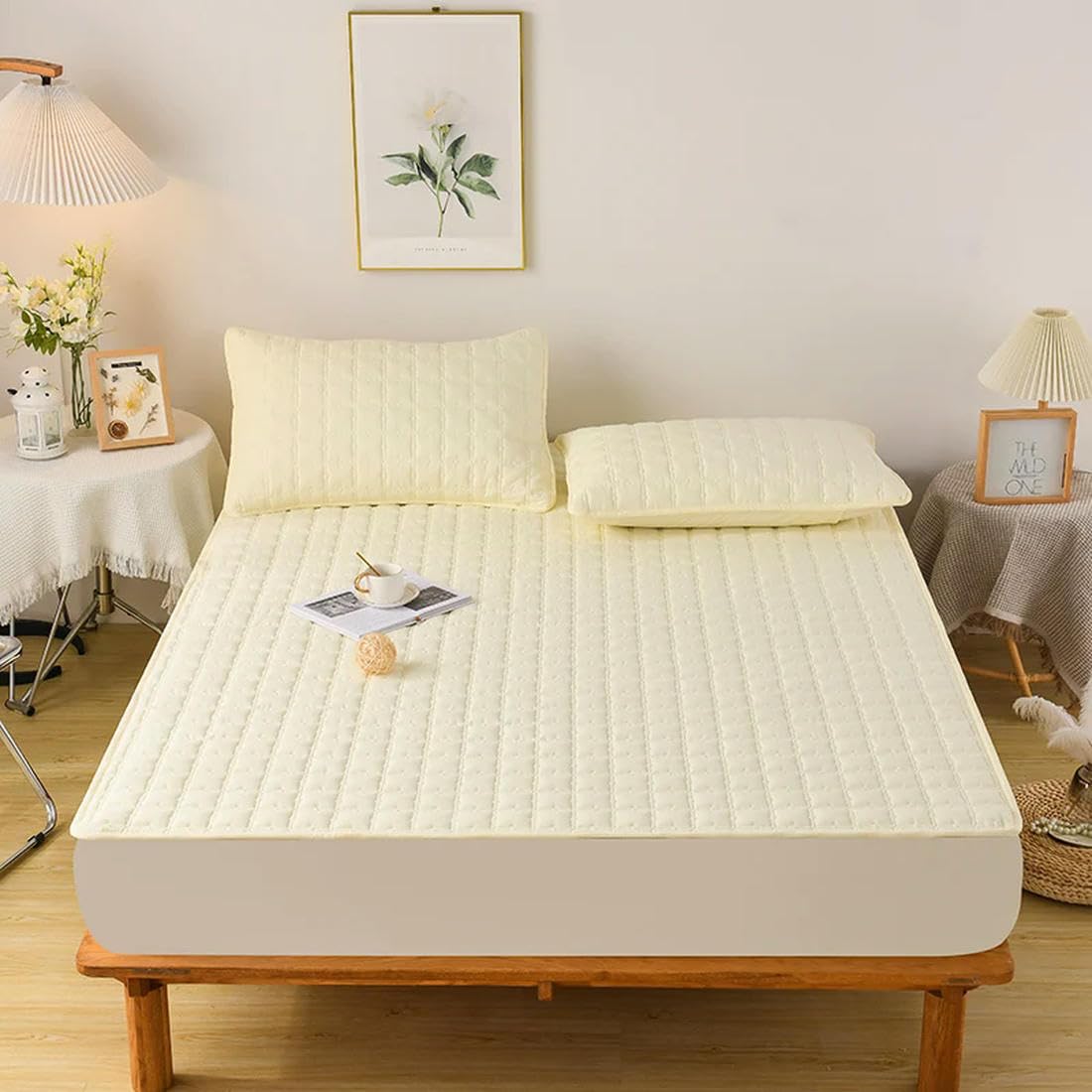 Sábana Bajera Impermeable de Colores sólidos, Fundas de colchón Ajustables, Cuatro Esquinas con Funda de Almohada con Banda elástica, 1 Uds.