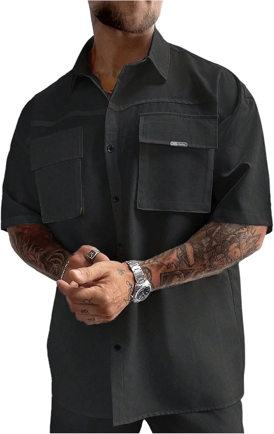 SHENHE Men's Short Sleeve Button Down Shirt Loose Fit Casual Work Shirt with Flap Pockets