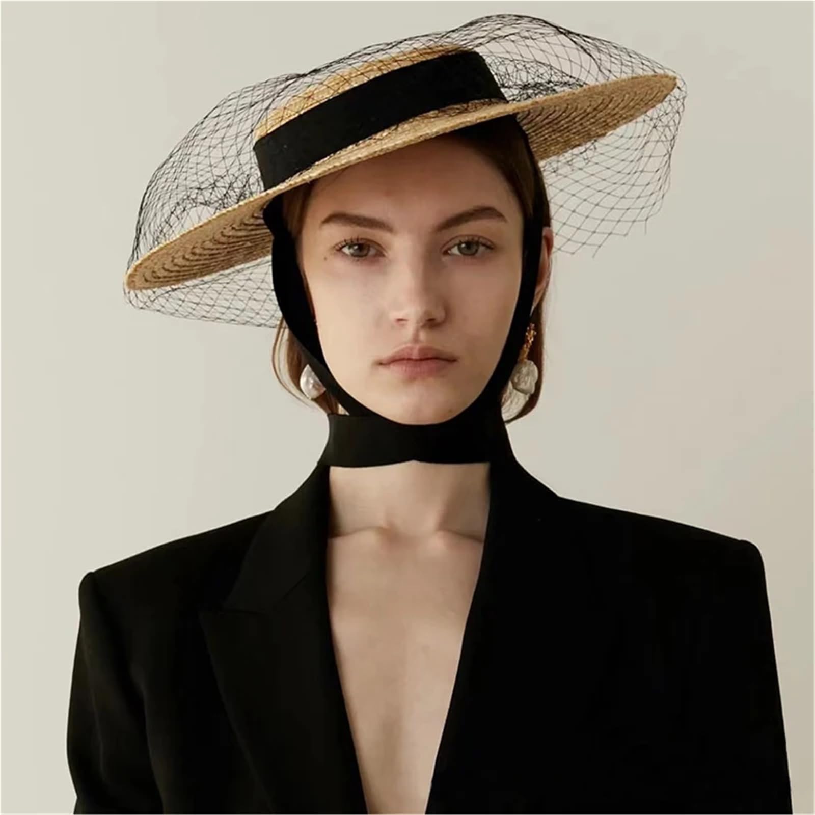 Generico Cappello di Paglia da Donna di Altezza Corta con Nastri Neri Copricapo di Paglia Superiore con Clip Artigianali