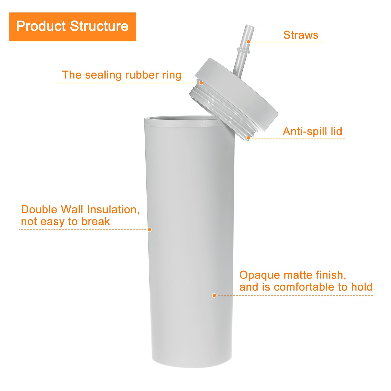 Uxcell Skinny Tumbler with Lids and Straws, 16Oz Matte Gray Skinny Tumbler Bulk, Reusable Pastel Acrylic Tumbler - Image 3