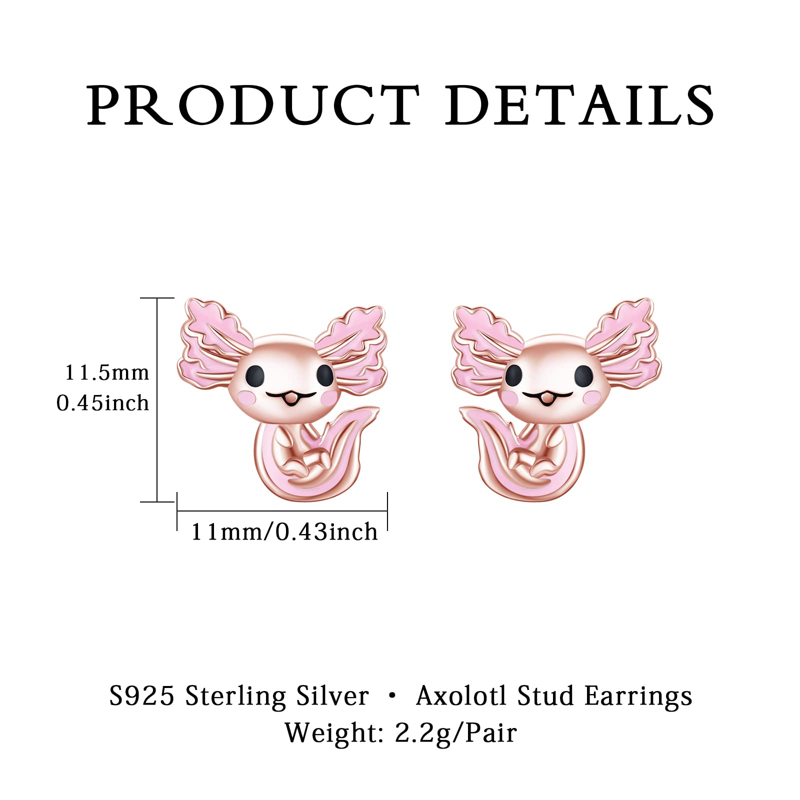 Axolotl Boucles d'oreilles à tige en argent sterling 925 hypoallergéniques en forme d'animal mignon Rose