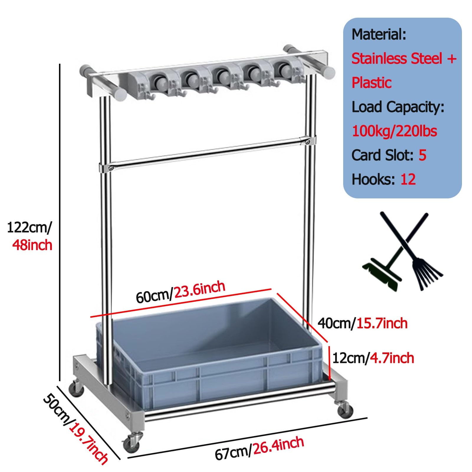 Besenhalterung Besen Mop Halter Mop-Halterung Mit Rollenden Rädern, Industrieller Stahl Freistehend Besenständer Utility Rack, Haus/ Garage/ Garten/ Yard Werkzeugwagen, Last 220lbs ( Color : Gray1 , S