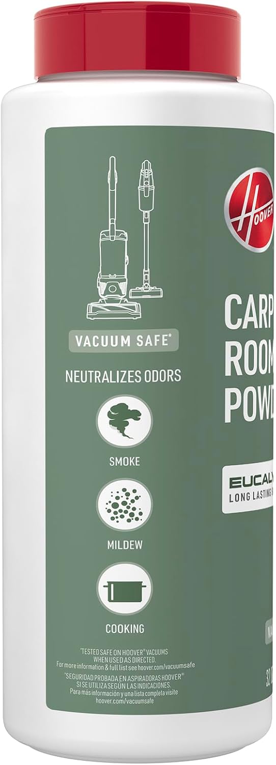Hoover 32 oz Eucalyptus Carpet & Room Refresh Carpet Powder, Long Lasting Fragrance, Vacuum Safe, Neutralizes Odors, AH31214, White