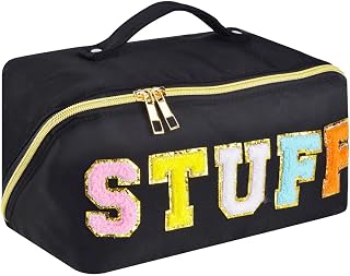 Stoney Clover Dupes Preppy Makeup Bag, Wide Open Cosmetic Bag, Portable Nylon Waterproof Travel Toiletry Bag for Women, Preppy Stuff Makeup Pouch for Girls with Chenille Letter and Handle