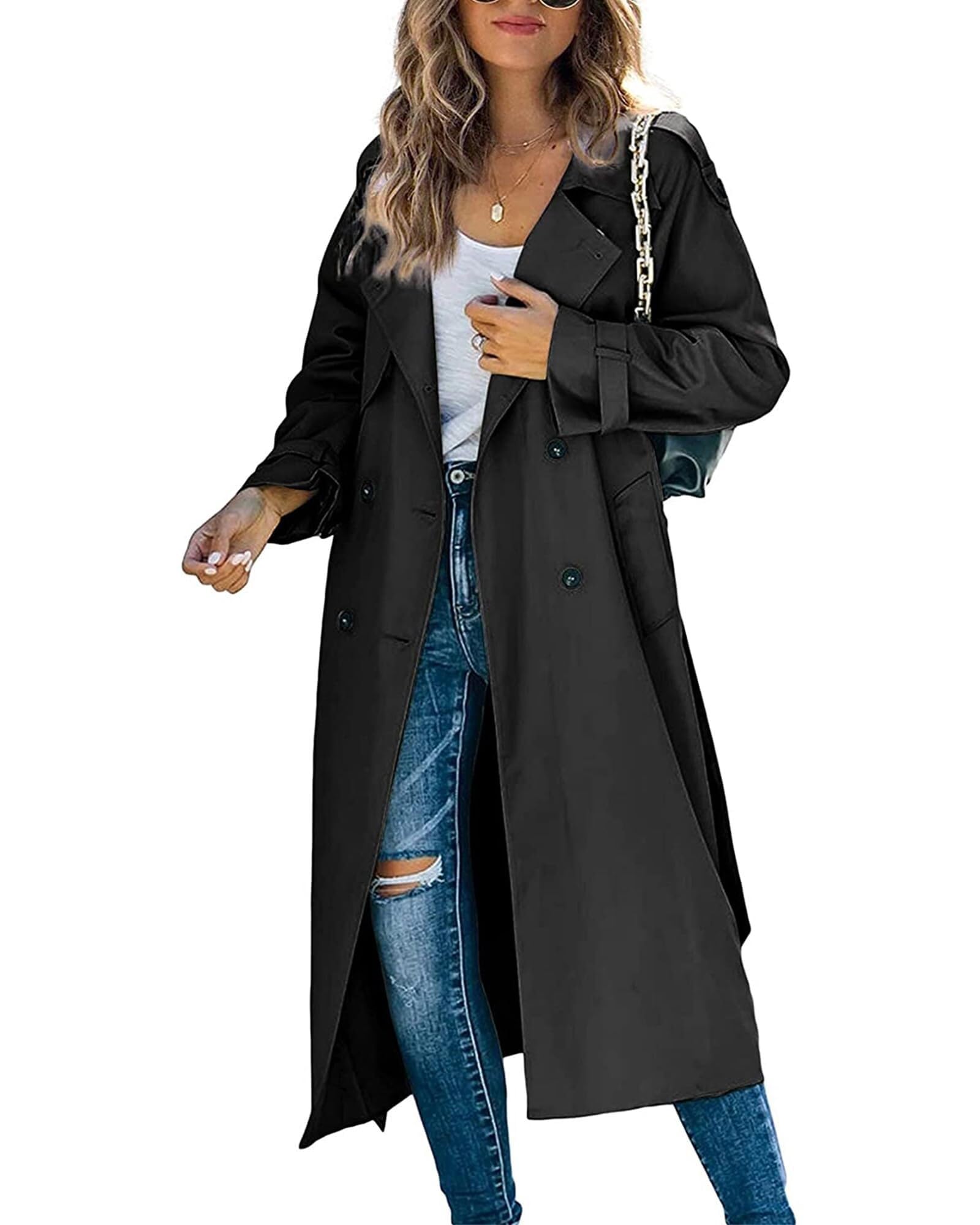 Lockenstab Women's A-Black Classic Long Trench Coat Double-Breasted Lapel Sleeve Windproof Overcoat With Belt(,Medium)