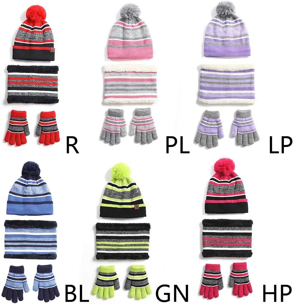 Scarf,Winter Beanie Hat Scarf Gloves Set for Kids Boys Girls Striped Skullcap Mittens Neck Warmer with Warm Fleece Scarf(Rose Red)