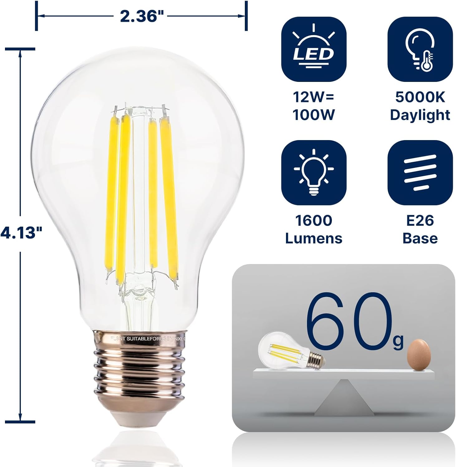 FLSNT 100W Equivalent A19 LED Light Bulbs, Efficient 12W, 1600Lumens, 5000K Daylight, CRI82, E26 Base, LED Filament Light Bulbs Clear Glass, 8Pack, Dimmable