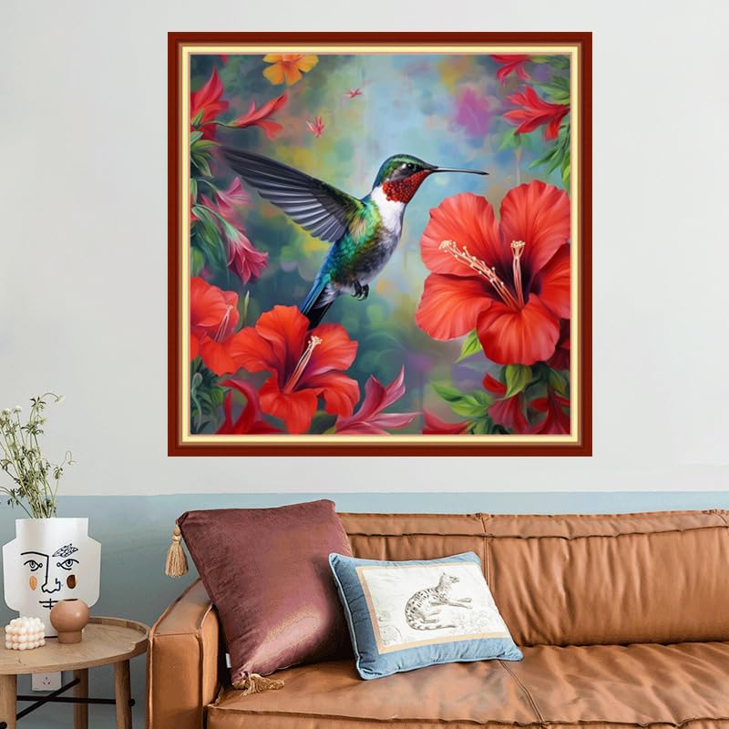 Image of Joyhoor Stamped Cross Stitch Kits for Beginners, Needlepoint Kits for Adults, 11CT Counted Embroidery Kits-Hummingbirds Gather Honey 18x18 inchs