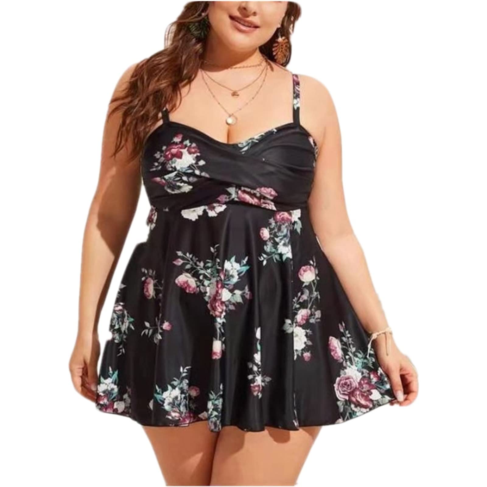 Sukienka pływacka plus size, czarna, damski 2-częściowy strój kąpielowy z kwiatami i liśćmi, na imprezę na plaży, na zewnątrz, rozmiar L-5XL, Czarny, XXL-3XL duże rozmiary