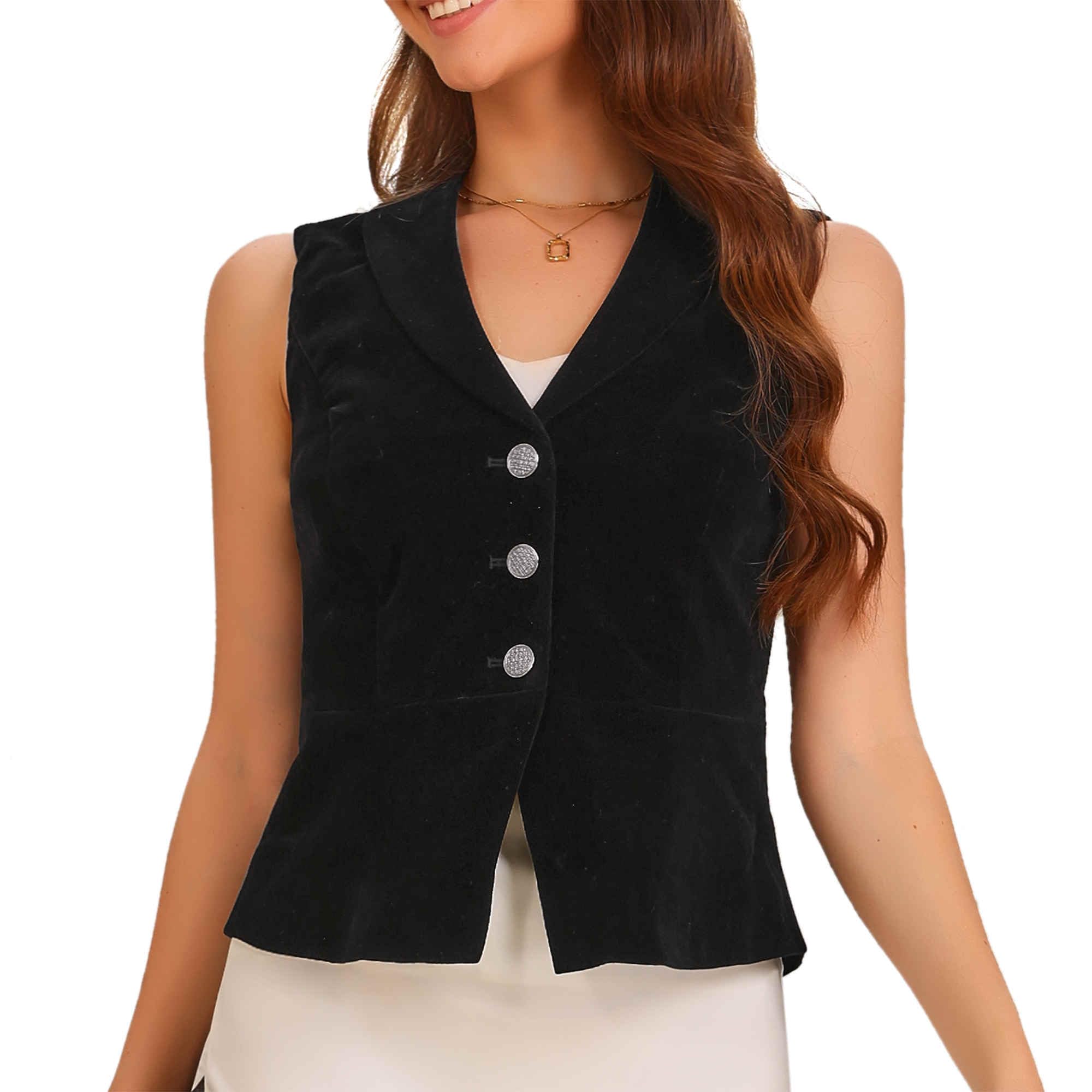 Allegra K Gilet de Costume Femme à Col Revers Cranté Blazer en Velours Boutonné sans Manches d'affaires Col en V Veste Cintré de Bureau