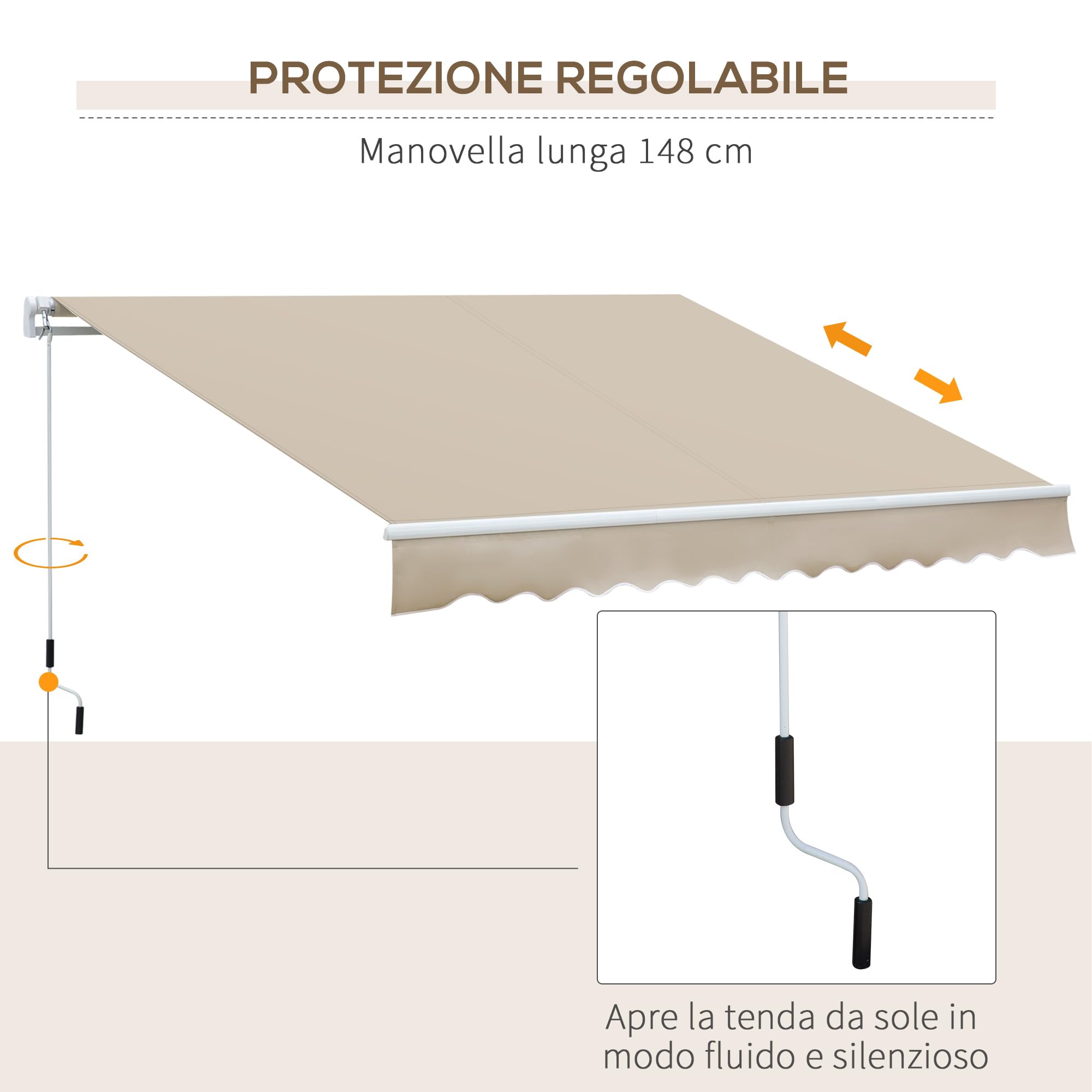 Outsunny Tenda da Sole 3.5x2.5 m Braccio Avvolgibile Manovella Alluminio Poliestere 280 g/㎡ UV30+ Crema