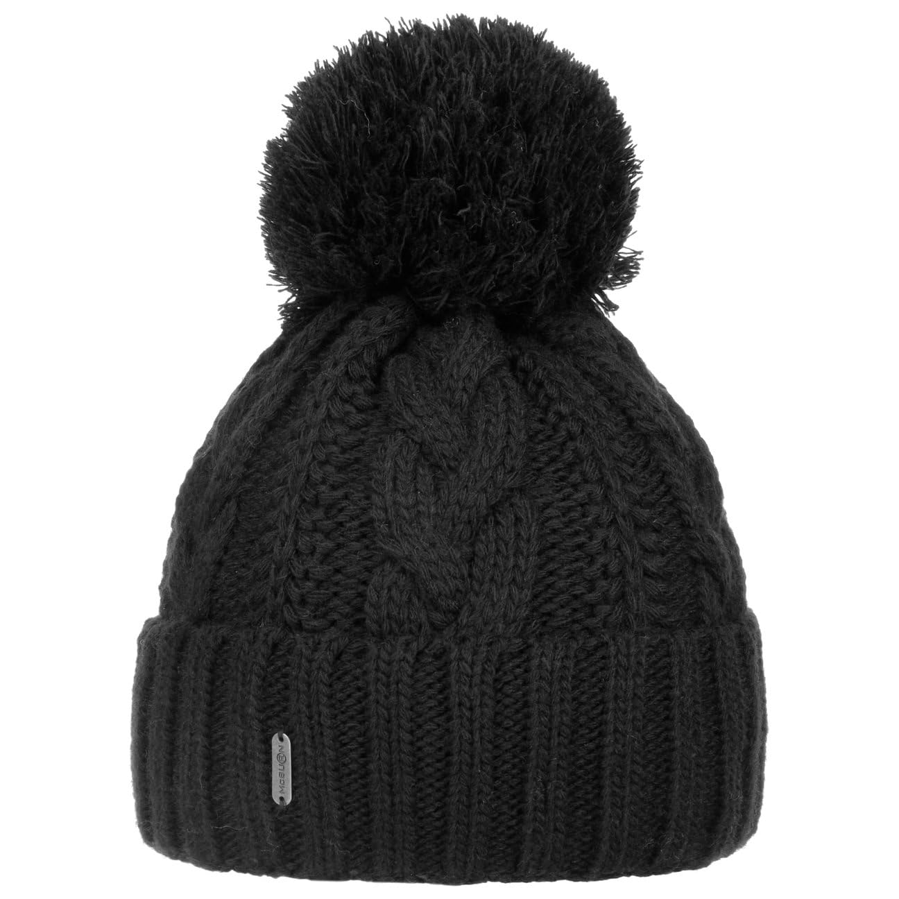 McBURN Giant Bobble Hat Women - Made in Italy Winter Beanie Pompom Hats Knit with Cuff, Lining, Lining Autumn-Winter - One Size Black