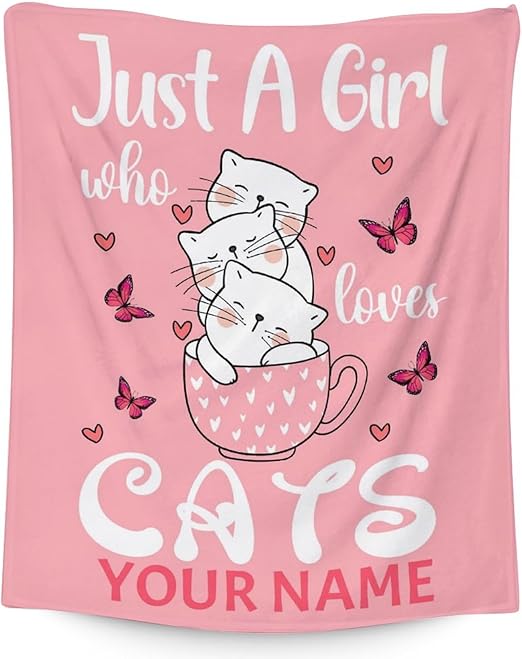 Personalized Cat Blanket Gifts with Name - 50"x60" Cute Throw for Girls - Pink Soft Fuzzy Blankets for Bed, Couch & Living Room