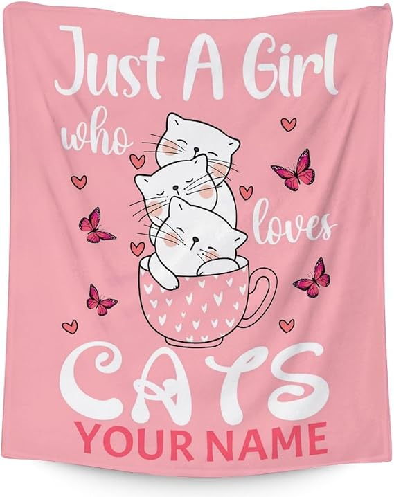 Personalized Cat Blanket Gifts with Name - 50"x60" Cute Throw for Girls - Pink Soft Fuzzy Blankets for Bed, Couch & Living Room