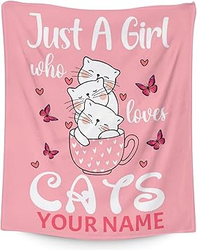 Personalized Cat Blanket Gifts with Name - 50"x60" Cute Throw for Girls - Pink Soft Fuzzy Blankets for Bed, Couch & Living Room