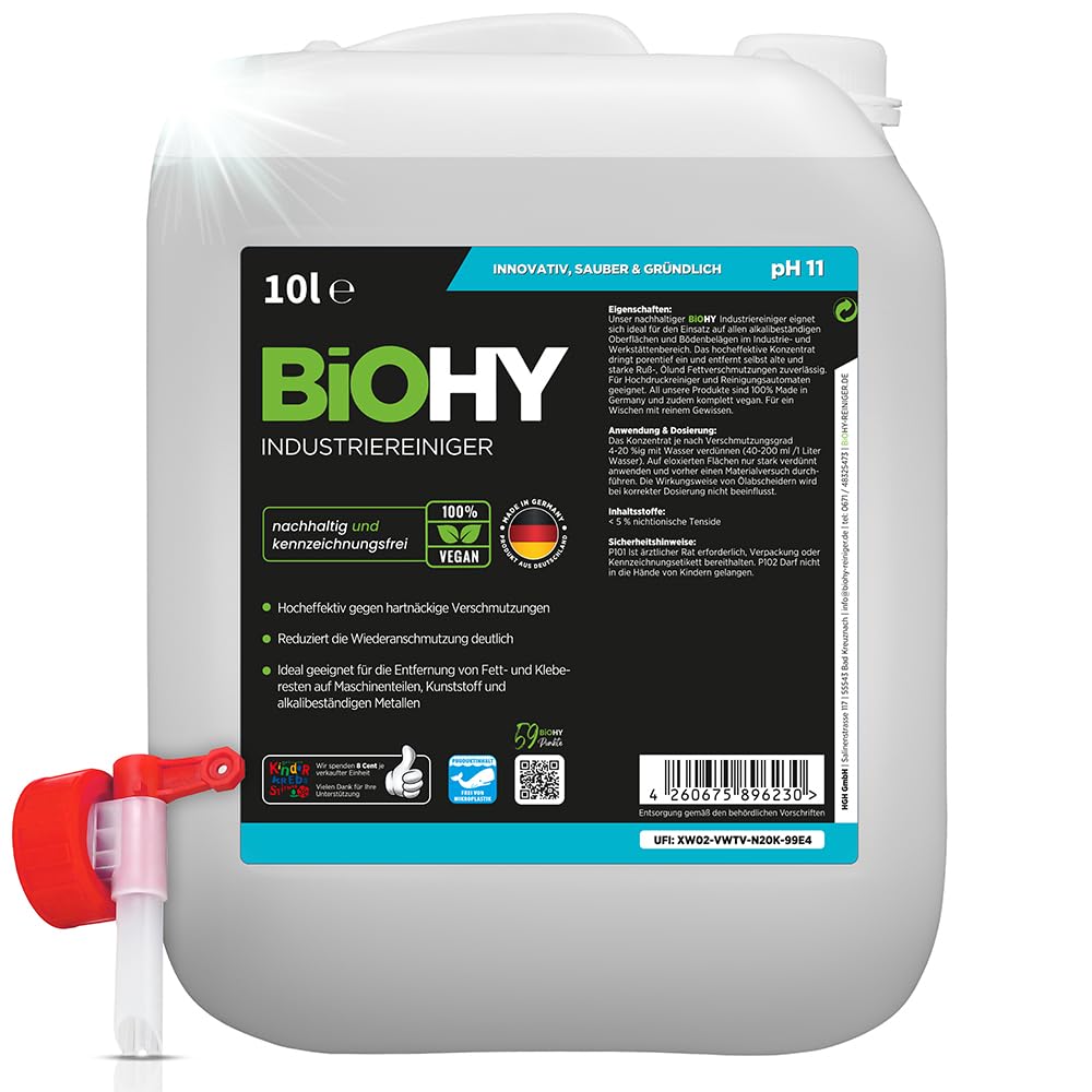 BiOHY Limpiador industrial (Bidón de 10 litros) + Grifo de Salida | limpiador de talleres | contra grasas y aceites | ideal para metal, plástico, vidrio, herramientas (Industriereiniger)