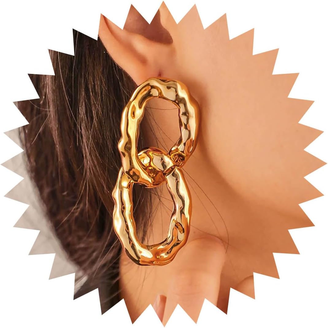 Vintage Chunky Circle Hoop Earrings Hollow Circle Drop Earrings Gold Irregular Circle Earrings Geometric Double Circle Earrings Jewelry for Women