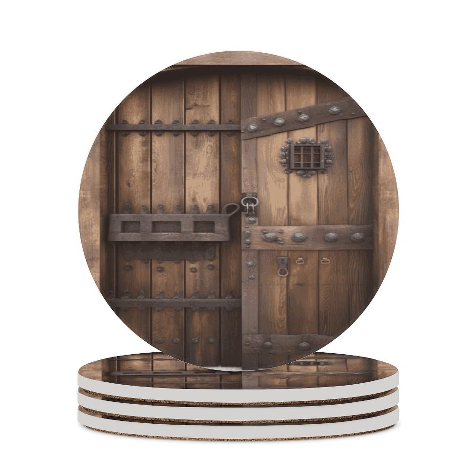 Khauerbc Style Rustic Stall Wooden Door Drink Coasters With Holder For Coffee Table,Ceramic Coaster With Cork Base,Ceramic Stone Coaster For Iced Cold Or Hot Drinks,4.1 Inches