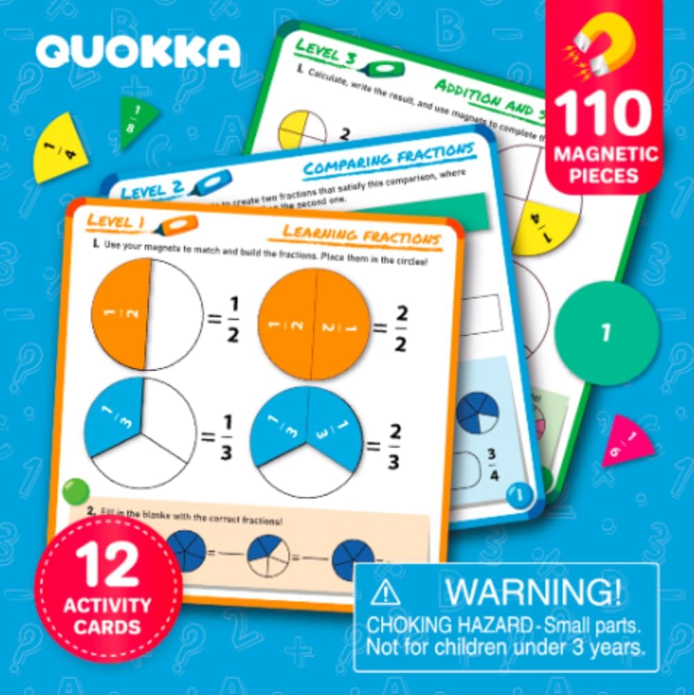 QUOKKA Magnetic Fractions Learning Set for Kids Ages 6-12 - Hands-On Math Games for Homeschooling, Classrooms & Travel - 110 Magnets, 12 Task Pages, Marker Puzzles