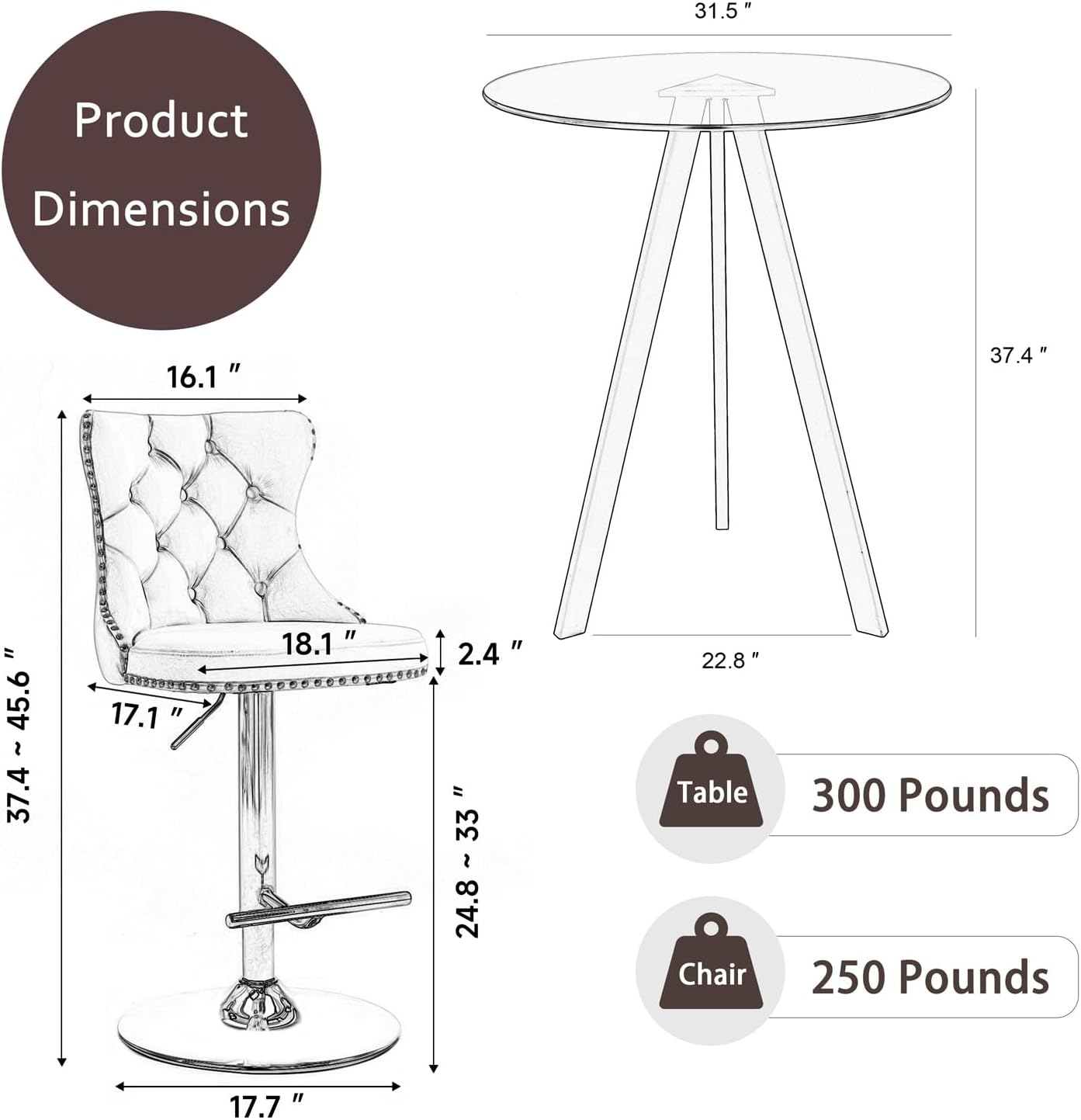 Small Round Bar Table and Adjustable Barstools Set for 2, Glass Counter Height Table with 2 Velvet Bar Chairs Swivel Island Chairs for Bistro Pub (Silver Metal Legs, Clear Top + Beige Chair)