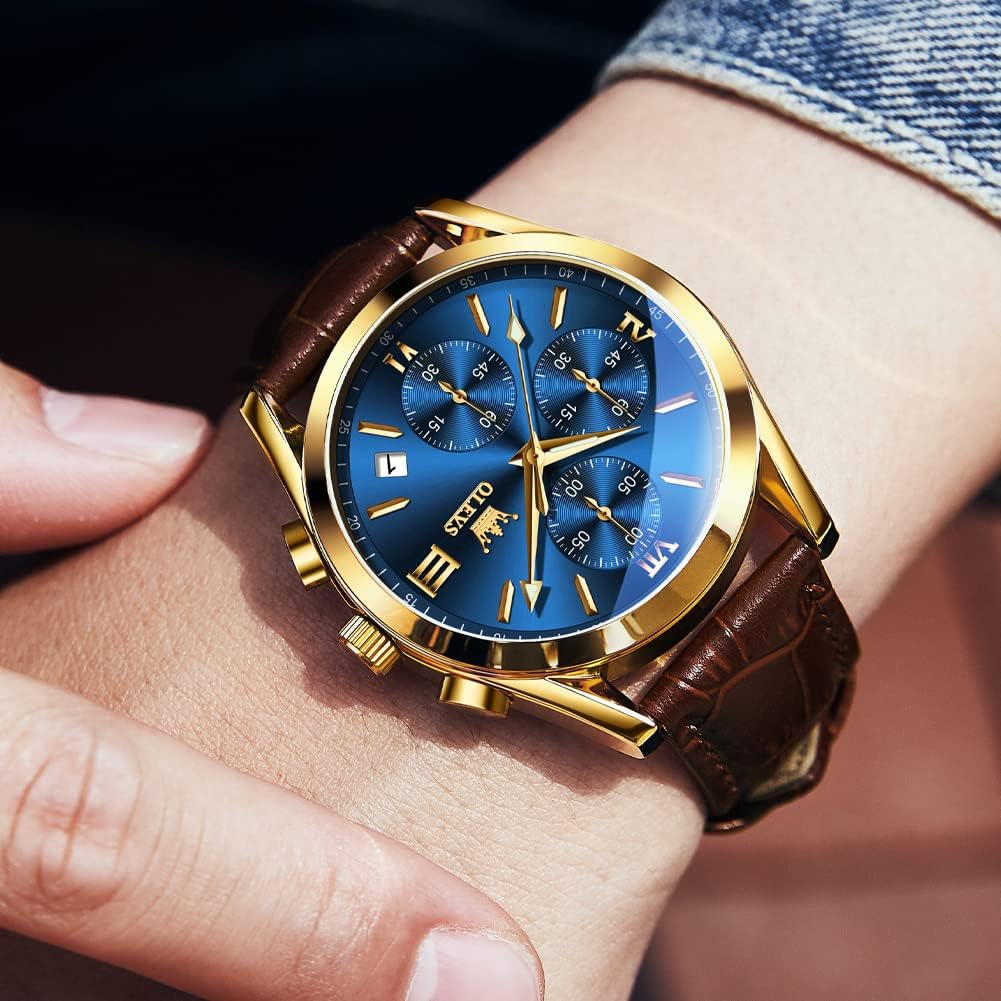 OLEVS Men's Chronograph Quartz Watches, Leather Strap Gold Case with Day Date, Waterproof Stainless Steel Wrist Watch, Luminous Hand Analog Watches for Men, Brown/Black/Blue/White Dial - Image 8