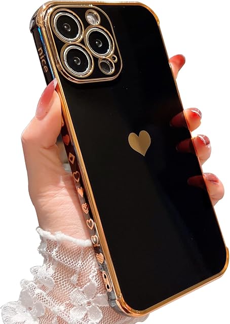 CloudValley Designed for iPhone 13 Pro Max Case with Camera Protection, Luxury Cute Love Heart Plating Gold Edge Soft TPU Rubber Slim Protective Bumper Cover for Women Girls, Black
