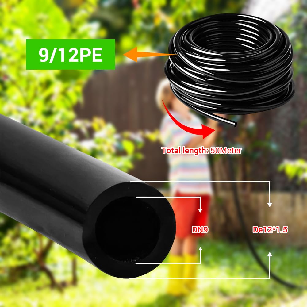 Tubo de riego por goteo de PE de 3/8", manguera de distribución de 9/12 mm y 50 m (164 pies) para riego de jardín, línea de riego flexible para invernadero, huerto, césped y bancales elevados