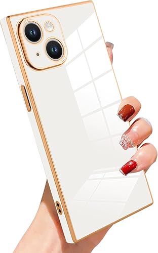 SAKUULO Funda de teléfono para iPhone 15 Plus, bonita funda cuadrada dorada chapada en oro para mujeres y niñas, TPU suave, a prueba de golpes,