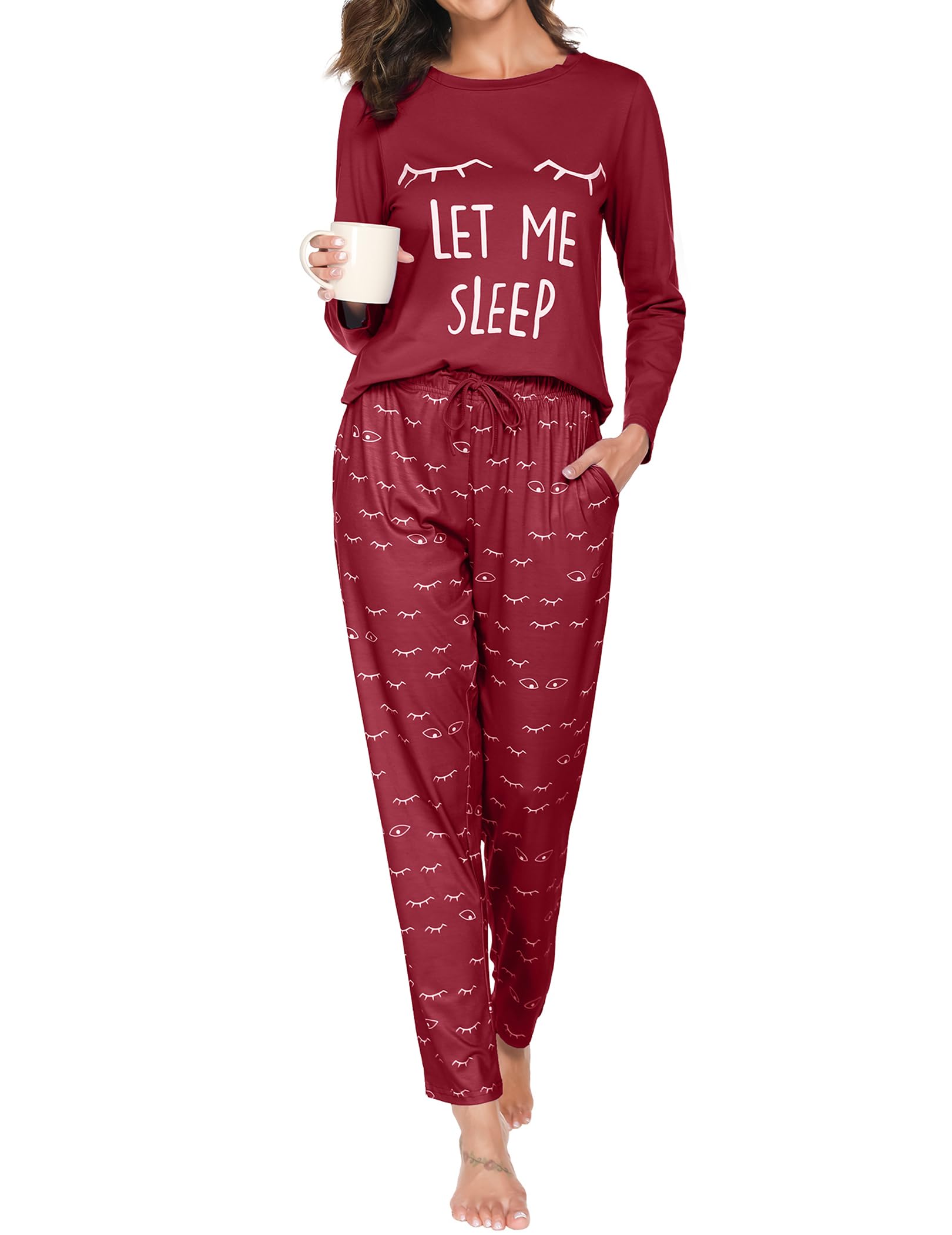 Reliwel Schlafanzug Damen Lang Baumwolle Pyjama Set Winter Oberteil und Schlafanzughose Langarm Loungewear Sleepwear Hausanzug Kuschelig Freizeitanzug
