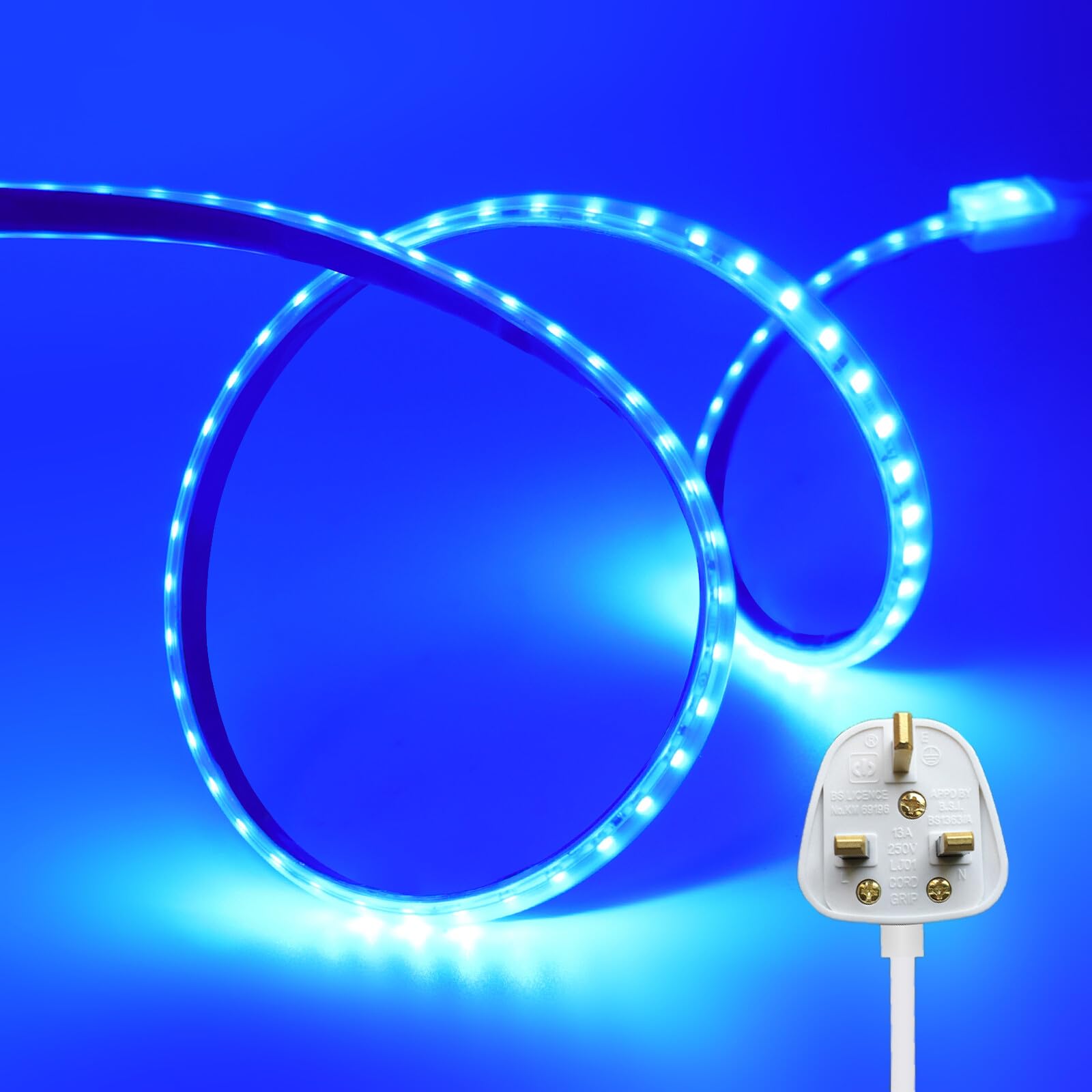 KAFULA 220V LED Light Strip - Double-Sided Tape Installation, IP65 Waterproof, 120 LEDs/m 10m Blue Super Bright Flexible LED Fairy Light CRI90+, Can be Cut Every 10cm, Home Lighting Decoration
