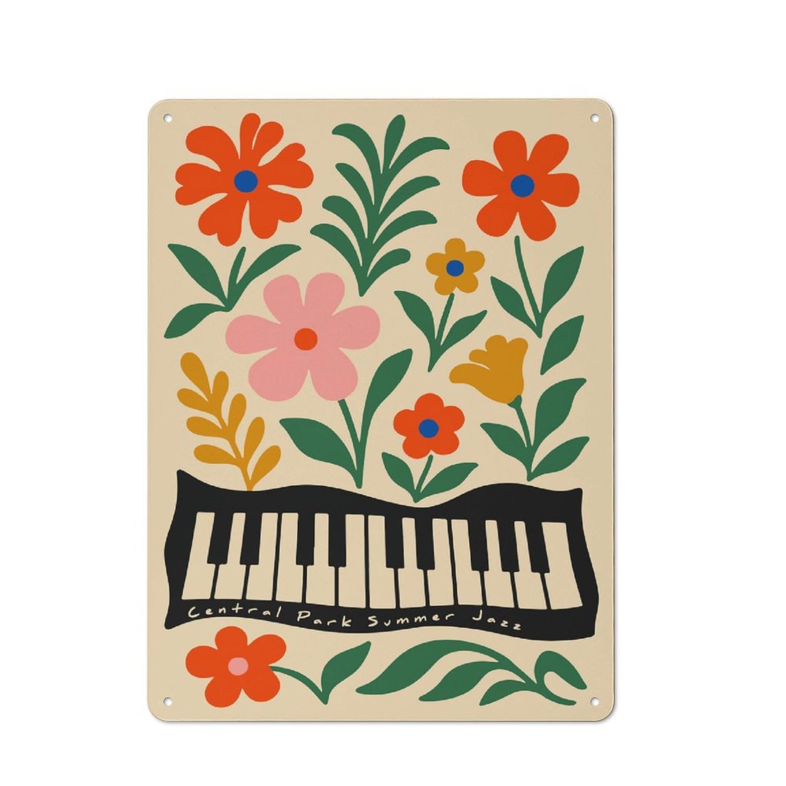 Junmoney Style-7 Central Park Summer Jazz Floral Piano Retro Tin Sign 40X30cm For Café Or Restaurant, Housewarming Wall Decor For People Furnishing Café And Restaurant