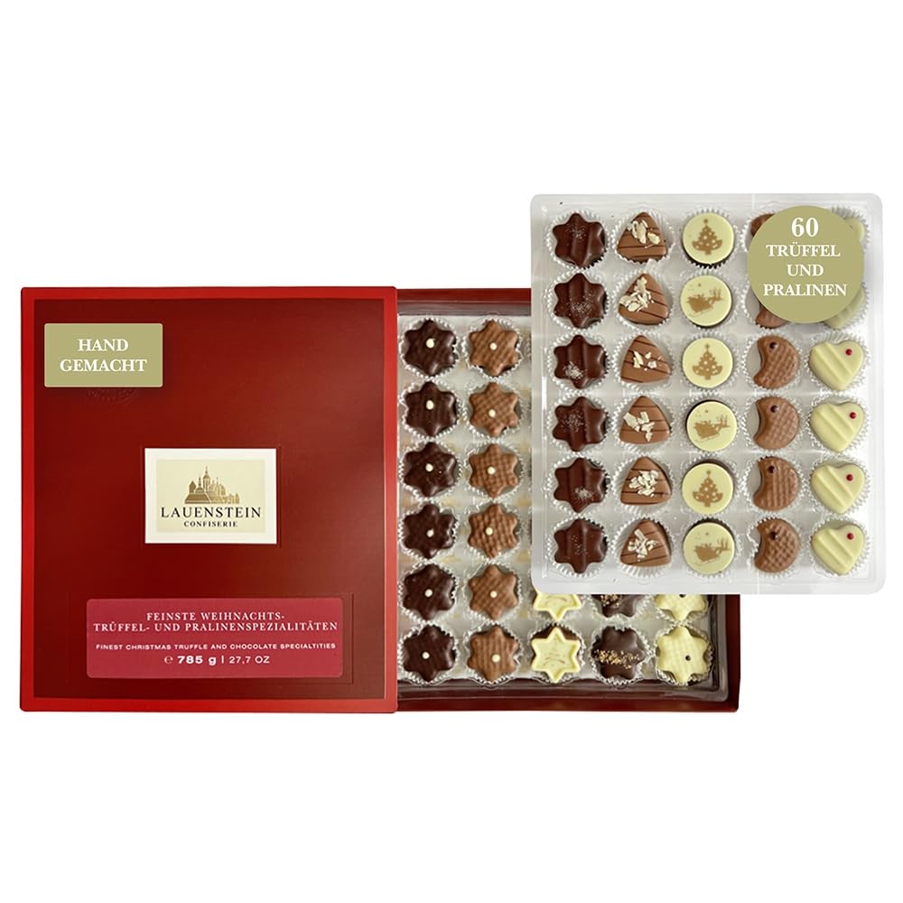 Lauensteiner Weihnachts-Auslese | 800g handgefertigte Trüffel und Pralinen, 10fach sortiert mit und ohne Alkohol | Ideales Geschenk für Frauen und Männer, 1er Pack
