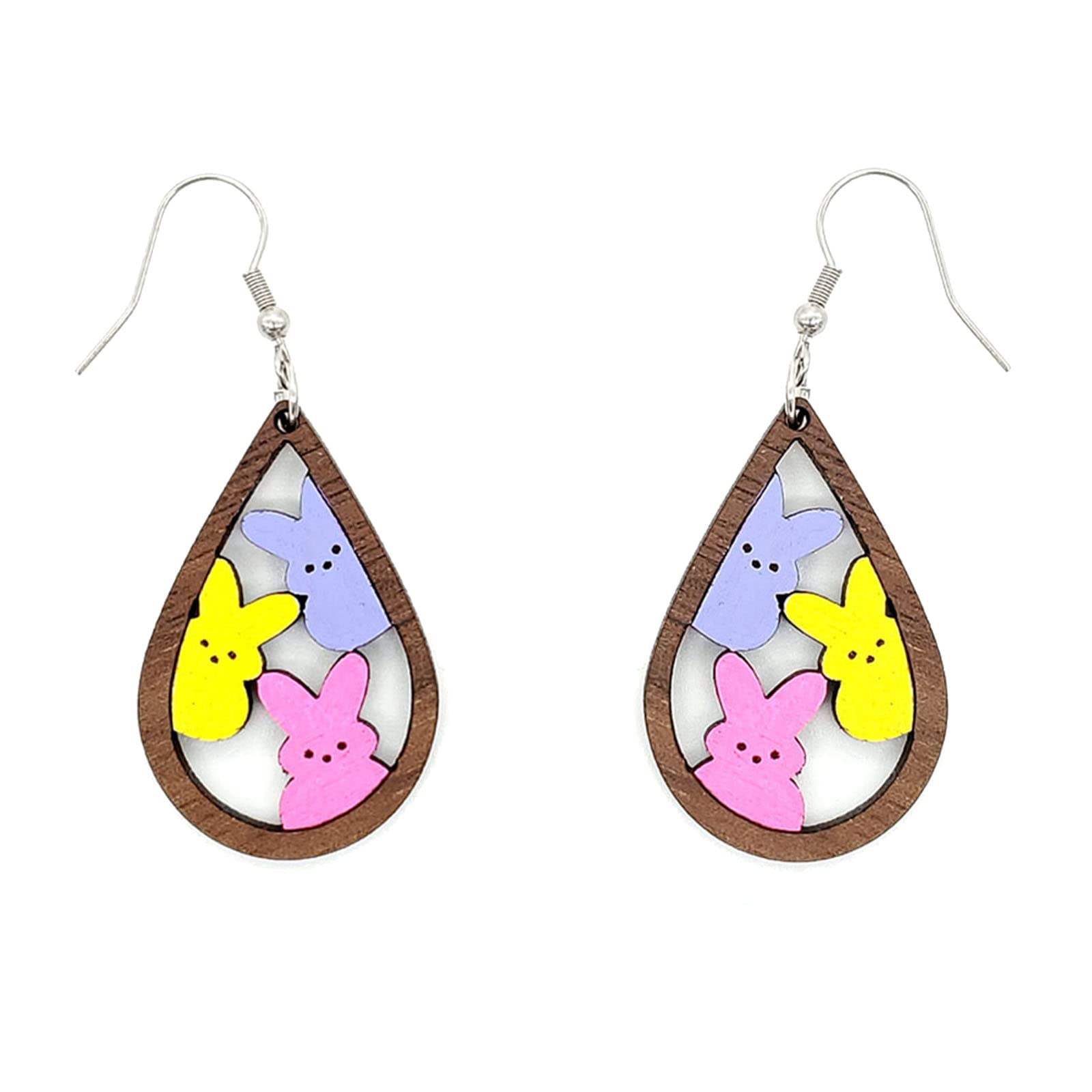 SgoethsEaster Earrings For Women Teardrop Hollow out Colorful Rabbit Earrings Double Sided Wooden Earrings Funny Animal Jewelry Holiday Accessories for Women Girls (Colorful Bunny)