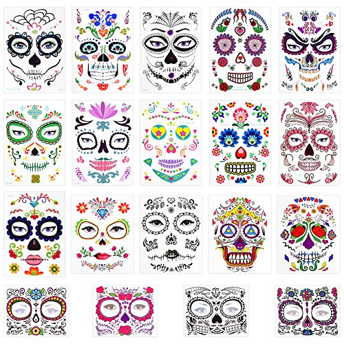 3 Otters 19Sheets Day of the Dead Temporary Tattoos, Halloween